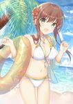  beach bikini blue_sky breasts brown_hair cleavage cowboy_shot day dutch_angle flower food frilled_bikini frilled_bikini_bottom frilled_bikini_top frills front-tie_top green_eyes hair_flower hair_ornament horizon innertube long_hair looking_at_viewer medium_breasts moe2018 navel nishikawa_(pixiv13169679) ocean open_mouth original outdoors palm_tree popsicle sky smile solo swimsuit tied_hair tree white_bikini yellow_innertube 