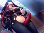  blush breasts cleavage dildo dominatrix from_below game_cg green_eyes hand_on_own_chest large_breasts leather lipstick long_hair makeup nana_g navel nun prison_queen red_hair smile solo stomach strap veil 