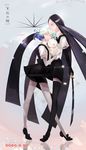  absurdres androgynous animal black_eyes black_hair bort character_name copyright_name diamond_(houseki_no_kuni) elbow_gloves fox_shaman gem_uniform_(houseki_no_kuni) gloves highres houseki_no_kuni long_hair looking_at_another looking_at_viewer md5_mismatch multicolored multicolored_eyes multicolored_hair multiple_others necktie rainbow_eyes rainbow_hair shiro_(houseki_no_kuni) short_hair shorts smile suspenders sword thighhighs very_long_hair weapon 
