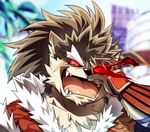  2018 anthro canine dog evil_grin fangs kemono looking_at_viewer male mammal moritaka open_mouth red_eyes rossciaco scar sharp_teeth shino(housamo) smile solo teeth tokyo_afterschool_summoners tongue 