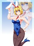  alice_margatroid alternate_costume animal_ears arm_up armpits bangs bare_arms bare_shoulders between_breasts black_legwear blonde_hair blue_background blue_eyes blue_footwear blue_leotard breasts bunny_ears bunny_tail bunnysuit cleavage closed_mouth collarbone covered_navel detached_collar eyebrows_visible_through_hair fake_animal_ears frown gradient gradient_background hand_on_hip high_heels highres large_breasts leg_up leotard looking_at_viewer looking_away looking_up necktie necktie_between_breasts ootsuki_wataru outline pantyhose red_neckwear shiny shiny_skin short_hair solo standing standing_on_one_leg strapless strapless_leotard tail touhou wrist_cuffs zoom_layer 
