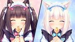  2girls animal aqua_eyes brown_eyes brown_hair cat_smile catgirl chocola_(sayori) headdress long_hair maid nekopara orange_eyes vanilla_(sayori) white_hair 