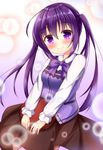  bangs black_skirt blush closed_mouth commentary_request eyebrows_visible_through_hair gochuumon_wa_usagi_desu_ka? hair_between_eyes head_tilt holding holding_tray kedama_(kedama_akaza) long_hair long_sleeves looking_at_viewer purple_eyes purple_hair purple_vest rabbit_house_uniform shirt sidelocks skirt smile solo tedeza_rize tray twintails uniform very_long_hair vest waitress white_shirt 