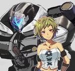  asymmetrical_hair bare_shoulders blonde_hair breasts cleavage collarbone commentary helvi_oberg jewelry kimidori_yarou knight's_&amp;_magic large_breasts looking_at_viewer mecha midriff navel necklace red_eyes smile solo tan upper_body 