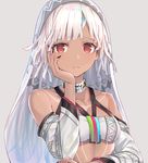  altera_(fate) bandeau bangs bare_shoulders black_nails breasts choker closed_mouth collarbone commentary_request dark_skin detached_sleeves eyebrows_visible_through_hair fate/extella fate/extra fate_(series) grey_background hakuishi_aoi hand_on_own_cheek looking_at_viewer nail_polish parted_bangs print_sleeves red_eyes short_hair short_sleeves simple_background small_breasts solo straight_hair tattoo upper_body veil white_bandeau white_choker white_hair 