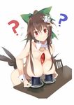  ? black_wings blush bow breasts brown_hair chair coffee_mug collarbone commentary_request cup detached_collar eyebrows_visible_through_hair flower green_bow hair_between_eyes hair_bow hair_flower hair_ornament hanging_breasts highres large_breasts long_hair looking_at_viewer mug nude red_eyes reiuji_utsuho smile solo table tetsurou_(fe+) touhou white_flower wings wrist_cuffs 