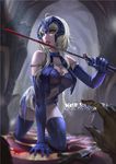 ahoge all_fours artist_name bangs blonde_hair blood bloody_weapon blue_gloves blue_legwear blurry blurry_background breasts cglas chain cleavage deviantart_username elbow_gloves fangs fate/grand_order fate_(series) full_body gloves glowing glowing_eyes headpiece holding holding_weapon hortense indoors jeanne_d'arc_(alter)_(fate) jeanne_d'arc_(fate)_(all) licking looking_at_viewer medium_breasts open_mouth short_hair sidelocks solo sunlight sword thighhighs vampire weapon yellow_eyes 