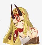  artist_name bare_shoulders blonde_hair breasts closed_mouth collarbone facial_mark fang fate/grand_order fate_(series) grey_background head_tilt horns ibaraki_douji_(fate/grand_order) japanese_clothes kimono long_hair looking_at_viewer mochii off_shoulder oni oni_horns simple_background small_breasts smile smug solo tattoo very_long_hair yellow_eyes yellow_kimono 