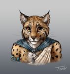  anthro armband bust_portrait cape clothed clothing ear_piercing ear_tuft feline fur jewelry looking_at_viewer lynx male mammal necklace orange_eyes piercing portrait smile solo spots spotted_fur titusw tuft 