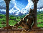  2018 5_fingers abs anthro brown_fur canine day detailed_background digitigrade dog fur hibbary looking_at_viewer male mammal nude outside sitting sky solo traditional_media_(artwork) yellow_eyes 