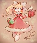  1girl android belt blonde_hair bow buttons capcom earrings eyebrows_visible_through_hair full_body fur_collar fur_trim gift hair_bow hair_ornament heart high_ponytail holding holding_gift long_hair open_mouth ponytail present ribbon rockman rockman_(classic) roll santa_costume signature smile solo 