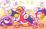  backwards_hat bandana bandana_waddle_dee baseball_cap beanie bird blue_hat bow bowtie cloud club co-kracko commentary_request eating ehoumaki flying_sweatdrops food food_on_face green_hat hat headphones jitome king_dedede kirby kirby_(series) kracko looking_at_another makizushi mask masu meta_knight multiple_boys no_humans notepad official_art oni_mask red_neckwear robe running setsubun sitting spark sparkle spiked_club sushi sweatdrop throwing ufo ufo_(kirby) waddle_dee weapon 