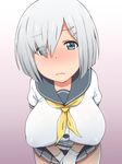  1girl blue_eyes blush breasts closed_mouth elf_k embarrassed eyebrows eyebrows_visible_through_hair full-face_blush gloves hair_over_one_eye hamakaze_(kantai_collection) hands_together highres kantai_collection large_breasts legs looking_at_viewer school_uniform short_hair silver_hair simple_background skirt solo thighs white_gloves white_hair 