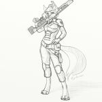  2019 4_toes anthro armor barefoot biped claws clothed clothing felid feline female front_view full-length_portrait graphite_(artwork) gun hair hand_on_hip hi_res holding_object holding_weapon inner_ear_fluff knee_pads looking_at_viewer lynx mammal pencil_(artwork) portrait ranged_weapon rydenan signature simple_background solo standing toe_claws toes traditional_media_(artwork) weapon white_background 