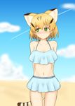  absurdres animal_ears blonde_hair blue_swimsuit blush cat_ears cat_tail cloud commentary cowboy_shot day green_eyes highres kemono_friends looking_away navel outdoors sand_cat_(kemono_friends) shiraha_maru short_hair sky standing swimsuit tail 