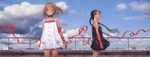  blue_sky braid brown_eyes brown_hair choker cityscape cloud cloudy_sky commentary_request day dress expressionless highres long_hair long_image looking_afar looking_at_viewer multiple_girls murata_renji original outdoors red_ribbon red_string ribbon rooftop short_hair sky standing string sundress twin_braids very_long_hair wind wind_lift 