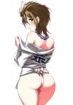  ass bare_shoulders blush clothes_writing cowboy_shot eyebrows_visible_through_hair from_behind fundoshi hair_between_eyes idolmaster idolmaster_cinderella_girls japanese_clothes kimura_natsuki long_sleeves looking_at_viewer looking_back medium_hair off_shoulder shiny shiny_hair shoulder_blades simple_background solo standing tango_(tn500) tareme towel towel_around_neck undressing white_background 