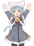  :o \o/ arms_up bell black_legwear blue_hair capelet cat_tail coat cowboy_shot eyebrows_visible_through_hair fang fur-trimmed_capelet fur-trimmed_coat fur-trimmed_sleeves fur_trim hat hat_with_ears highres jingle_bell looking_at_viewer original outstretched_arms pantyhose shone short_hair simple_background solo tail white_background winter_clothes yellow_eyes 