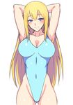  arms_behind_head arms_up ass_visible_through_thighs blonde_hair blue_eyes blue_leotard blue_swimsuit breasts cleavage covered_navel cowboy_shot hai_(h81908190) highleg highleg_leotard highleg_swimsuit large_breasts leotard long_hair looking_at_viewer one-piece_swimsuit original simple_background solo swimsuit white_background 