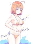  ahoge bangs bikini breasts cleavage cowboy_shot emoticon flying_sweatdrops halterneck hand_on_own_stomach highres kanabun looking_at_viewer love_live! love_live!_sunshine!! medium_breasts navel nervous_smile orange_bikini orange_hair red_eyes short_hair side-tie_bikini solo swimsuit takami_chika 