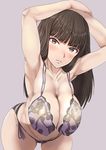  armpits bangs black_hair blunt_bangs blush bra breasts brown_hair cleavage collarbone covered_nipples cowboy_shot eyebrows_visible_through_hair girls_und_panzer hands_on_head head_tilt highres lace lace-trimmed_bra large_breasts leaning_forward long_hair looking_at_viewer mature nishizumi_shiho panties purple_background purple_bra purple_panties side-tie_panties sikijou77o solo straight_hair underwear underwear_only 