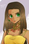  arc_the_lad arc_the_lad_ii bare_shoulders breasts brown_hair choker cleavage commentary_request dark_skin dress facepaint facial_mark green_eyes highres long_hair looking_at_viewer medium_breasts sania_(arc_the_lad) solo upper_body yadoso 