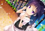  bag bangs blurry blurry_background blush braid breasts chinomaron closed_mouth collarbone day depth_of_field dress dutch_angle eyebrows_visible_through_hair gochuumon_wa_usagi_desu_ka? handbag hands_up highres long_hair looking_at_viewer outdoors petals purple_eyes purple_hair short_sleeves small_breasts smile solo tedeza_rize water white_dress 