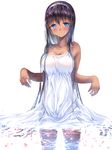  bangs black_hair blue_eyes blush breasts cleavage commentary_request dark_skin dress eyebrows_visible_through_hair gorua_(youce01) hairband large_breasts long_hair looking_at_viewer original outstretched_wrists parted_lips petals revision simple_background solo standing wading water wet wet_clothes wet_dress white_background white_dress yuurika_(gorua) 