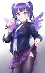  :p alternate_hairstyle bangs black_legwear blue_hair candy collar cowboy_shot food highres jacket kanabun leather leather_jacket lollipop looking_at_viewer love_live! love_live!_sunshine!! miniskirt pleated_skirt purple_eyes purple_wings scrunchie skirt skirt_lift solo studded_bracelet thighhighs tongue tongue_out tsushima_yoshiko twintails v-shaped_eyebrows white_scrunchie wings 