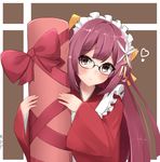  apron bespectacled bow brown_eyes frilled_apron frills gift glasses hair_bow hakama highres japanese_clothes kamikaze_(kantai_collection) kantai_collection kimono long_hair maid_headdress meiji_schoolgirl_uniform pink_hakama purple_hair red_kimono solo tube upper_body white_apron yellow_bow yukikasa_(ro-ga-o-y) 