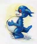  2002 anthro belly blue_skin digimon hands_on_belly inflation male nick_bondra red_eyes simple_background solo veemon 