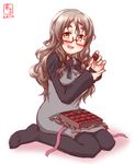  :d alternate_costume artist_logo bespectacled black_legwear box box_of_chocolates brown_hair chocolate commentary_request dated dress full_body glasses grey_dress highres kanon_(kurogane_knights) kantai_collection long_hair long_sleeves looking_at_viewer open_mouth orange_eyes pantyhose pola_(kantai_collection) red-framed_eyewear semi-rimless_eyewear simple_background smile solo thick_eyebrows under-rim_eyewear valentine wavy_hair white_background 