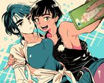  black_hair breasts cellphone dark_skin genderswap genderswap_(mtf) grey_eyes lee_seung-gil medium_breasts multiple_girls open_mouth phichit_chulanont phone self_shot shorts sideboob smartphone smile star tank_top v yukataro yuri!!!_on_ice 