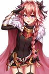  :d aaeru arm_behind_back arm_guards arm_up astolfo_(fate) bangs black_bow black_dress black_gloves black_legwear bow braid dress emblem fang fate/apocrypha fate_(series) faulds fur_trim garter_straps gloves hair_between_eyes hair_bow hair_intakes hair_over_shoulder highres horn_(instrument) long_hair looking_at_viewer male_focus multicolored_hair open_mouth otoko_no_ko pink_cape pink_hair purple_eyes salute shiny shiny_hair simple_background single_braid smile streaked_hair thigh_gap thighs two-tone_hair very_long_hair white_background white_hair 