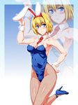  alice_margatroid alternate_costume animal_ears arm_up armpits bangs bare_arms bare_shoulders between_breasts blonde_hair blue_background blue_eyes blue_footwear blue_leotard breasts bunny_ears bunny_tail bunnysuit cleavage closed_mouth collarbone covered_navel detached_collar eyebrows_visible_through_hair fake_animal_ears fishnet_pantyhose fishnets frown gradient gradient_background hand_on_hip high_heels highres large_breasts leg_up leotard looking_at_viewer looking_away looking_up necktie necktie_between_breasts ootsuki_wataru outline pantyhose red_neckwear shiny shiny_skin short_hair solo standing standing_on_one_leg strapless strapless_leotard tail touhou wrist_cuffs zoom_layer 