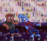  2016 3_toes alcohol alternate_universe bar barefoot bedroom_eyes beverage checkered_shirt clothing disney flirting gruffi_gummi gummi_bears gusto_gummi half-closed_eyes hat jeans mica_xiii pants scarf seductive stool toes 