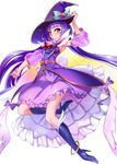  absurdres blush boots cape cure_magical detached_sleeves harigane_shinshi hat highres izayoi_liko long_hair looking_at_viewer magical_girl mahou_girls_precure! precure purple_eyes purple_hair see-through simple_background smile solo witch_hat 