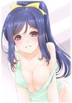  :d all_fours areola_slip areolae bangs bare_shoulders blush bow breast_squeeze breasts cleavage collarbone covered_nipples eyebrows_visible_through_hair foreshortening frapowa grin hair_bow hanging_breasts large_breasts long_hair love_live! love_live!_sunshine!! matsuura_kanan open_mouth panties parted_bangs pink_eyes pink_panties ponytail purple_hair sidelocks sleeveless smile solo strap_slip tank_top teeth underwear yellow_bow 