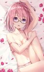  :d arm_up bed_sheet black-framed_eyewear bow bow_panties bra breasts cleavage eyebrows_visible_through_hair fate/grand_order fate_(series) feet_out_of_frame flower from_above glasses highres knee_up looking_at_viewer lying mash_kyrielight medium_breasts navel on_back open_mouth panties petals pink_bow pink_bra pink_flower pink_hair pink_panties pink_rose purple_eyes rin_yuu rose rose_petals shiny shiny_hair short_hair smile solo stomach strap_slip thighs underwear underwear_only 