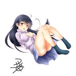  alternate_costume aran_sweater ass black_hair blue_skirt blush kantai_collection long_hair long_sleeves open_mouth pink_shirt revision shirt signature simple_background skirt solo sweater ushio_(kantai_collection) white_background yellow_eyes yua_(checkmate) 