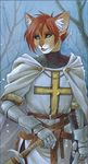  ambiguous_gender anthro armor cape cat chainmail clothing cross feline green_eyes hair knight knight_templar mammal melee_weapon nekoart open_mouth red_hair snow solo sword tabard traditional_media_(artwork) tree weapon 