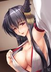  akatsuki_akane armpits black_hair blush breasts cleavage collarbone commentary_request detached_sleeves eyebrows_visible_through_hair fusou_(kantai_collection) hair_ornament headgear highres japanese_clothes kantai_collection large_breasts long_hair looking_at_viewer nontraditional_miko reaching_out red_eyes self_shot smile solo taking_picture 