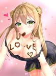  bangs black_dress blonde_hair blush body_writing bow breasts breasts_apart chocolate chocolate_on_breasts closed_mouth collarbone commentary_request covered_nipples double_bun dress english eyebrows_visible_through_hair food_on_body food_writing girls_frontline gmkj gradient gradient_background green_bow green_eyes hair_between_eyes hair_bow heart highres leaning_forward long_hair looking_at_viewer medium_breasts mouth_hold outstretched_arms rfb_(girls_frontline) solo strap_slip valentine 