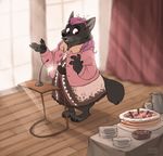  2016 anthro aurelina_canidae cake canine clothed clothing detailed_background disney female food fully_clothed greevixor hair hi_res mammal microphone obese overweight pink_eyes pink_hair solo wolf zootopia 