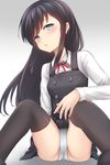  absurdres asashio_(kantai_collection) black_hair black_legwear blue_eyes blush commentary_request dress highres jewelry kantai_collection long_hair long_sleeves md5_mismatch nuka_(nvkka) panties pantyshot pantyshot_(sitting) parted_lips pinafore_dress remodel_(kantai_collection) ring school_uniform sitting solo spread_legs thighhighs underwear wedding_band white_panties 