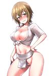  ass_visible_through_thighs bangs blush breasts brown_hair cameltoe cleavage contrapposto covered_nipples cowboy_shot eyebrows_visible_through_hair fundoshi green_eyes groin hand_on_hip holding idolmaster idolmaster_cinderella_girls japanese_clothes kimura_natsuki large_breasts legs_apart looking_at_viewer navel nose_blush open_mouth see-through shirt short_hair short_sleeves sidelocks standing stomach sweat tango_(tn500) tied_shirt toned wavy_mouth wet wet_clothes wet_shirt white_shirt 