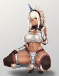  arm_guards bangs belt black_footwear black_gloves boots breasts capelet cleavage closed_mouth dark_skin elbow_gloves fur_trim gem gloves hairband hand_on_own_chest hand_on_own_thigh highres horn houtengeki kirin_(armor) large_breasts loincloth long_hair looking_at_viewer monster_hunter navel red_eyes shin_guards sidelocks signature smile solo stomach thigh_boots thighhighs two-tone_hairband 