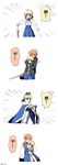  1girl ahoge armor armored_dress artoria_pendragon_(all) bangs black_jacket black_pants blonde_hair blue_cloak blue_dress blue_pants blue_ribbon blue_skirt blush braid brown_eyes check_translation closed_eyes closed_mouth commentary_request crown dress emiya_shirou emphasis_lines excalibur eyebrows_visible_through_hair fate/grand_order fate/stay_night fate_(series) faulds french_braid fur-trimmed_cloak fur_trim gauntlets green_eyes hair_between_eyes hair_ribbon half-closed_eyes high-waist_skirt highres holding holding_sword holding_weapon hug hug_from_behind jacket looking_away motion_lines nabenko neck_ribbon open_clothes open_jacket orange_hair pants raglan_sleeves ribbon saber serious shinai shiny shiny_hair shirt short_hair sidelocks simple_background skirt snot standing sword translation_request trembling twitter_username unbuttoned v-shaped_eyebrows weapon white_background white_shirt 