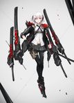  black_legwear full_body gloves headgear highres holster jacket looking_at_viewer multicolored_hair necktie neco open_clothes open_jacket original pantyhose pleated_skirt red_eyes science_fiction shirt short_hair skirt solo sword thigh_holster two-tone_hair weapon white_hair 