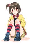  blue_footwear brown_hair child hair_bobbles hair_ornament hands_on_own_knees highres jacket kneehighs love_live! love_live!_school_idol_project monsieur one_side_up open_clothes open_jacket open_mouth red_eyes red_legwear shoes shorts simple_background sitting solo striped striped_legwear wavy_mouth white_background yazawa_kokoa yellow_jacket 